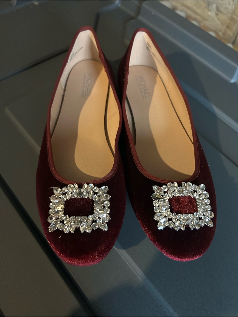 Burgundy Velvet Flats with Crystal Detail